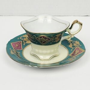 Vtg 50s~UCAGCO Demitasse Cup & Saucer~Hand Painted Turquoise Pink~Gold Trim